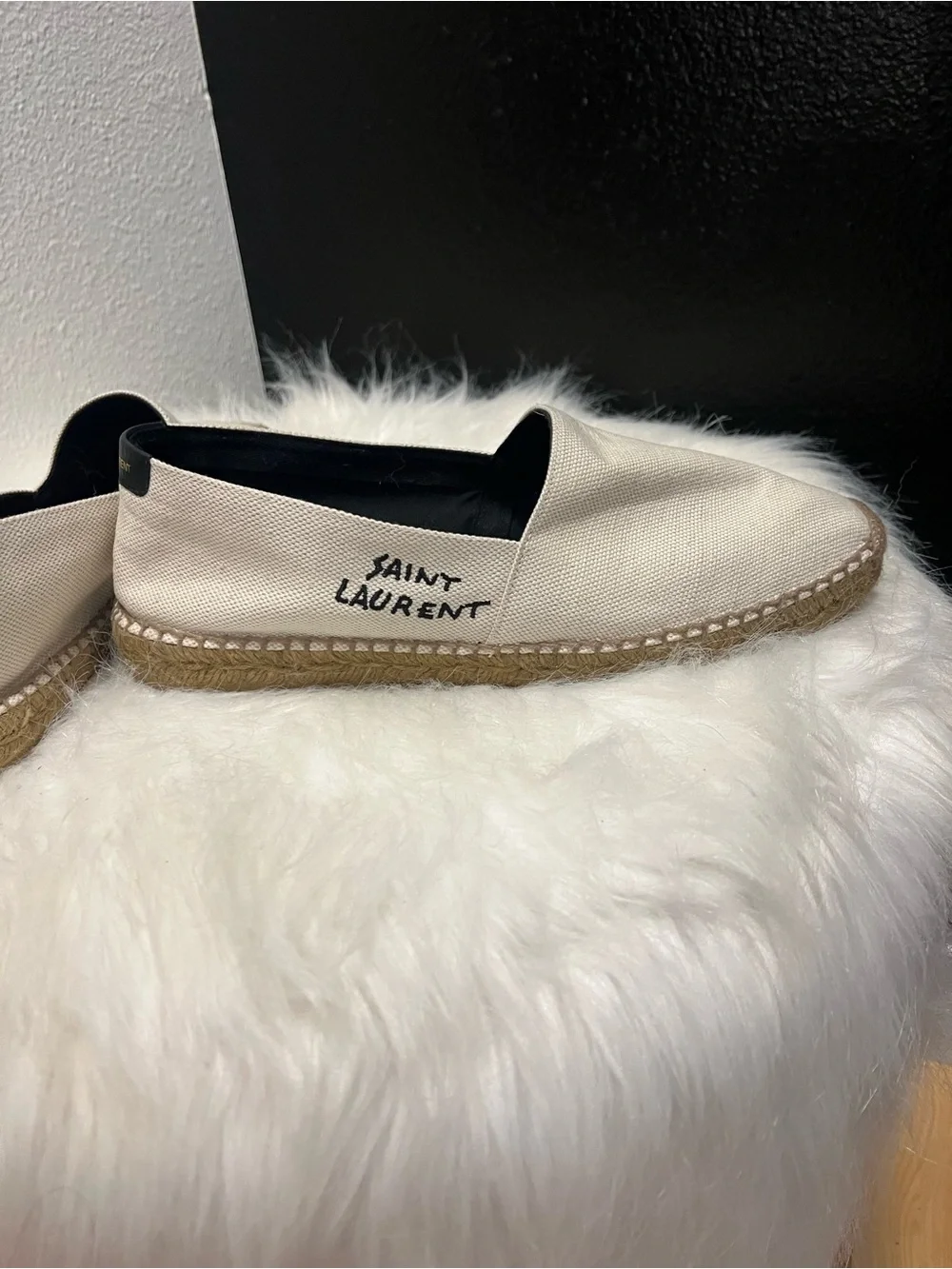 Saint Laurent Cream Canvas Espadrille Slip-Ons with Black Heel Tab